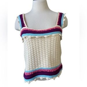 MARC NEW‎ YORK Crochet Tank Top Sweater Cropped Cream Pink Purple Boho Size M